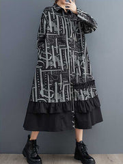 Asymmetric Buttoned Printed Split-Joint A-Line Long Sleeves Lapel Midi Dresses