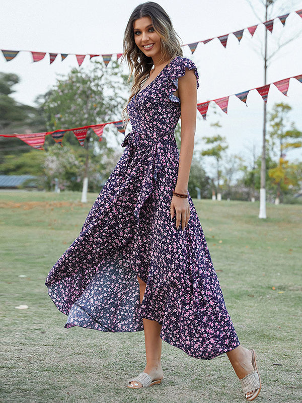 Vacation Irregularity Floral V-Neck Dress
