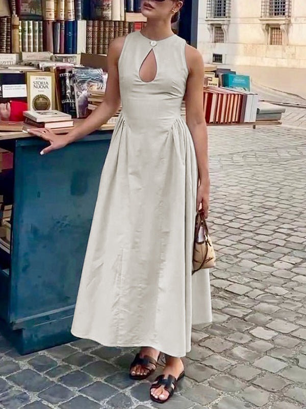 Buttoned Elasticity Pleated Solid Color A-Line Loose Round-Neck Maxi Dresses