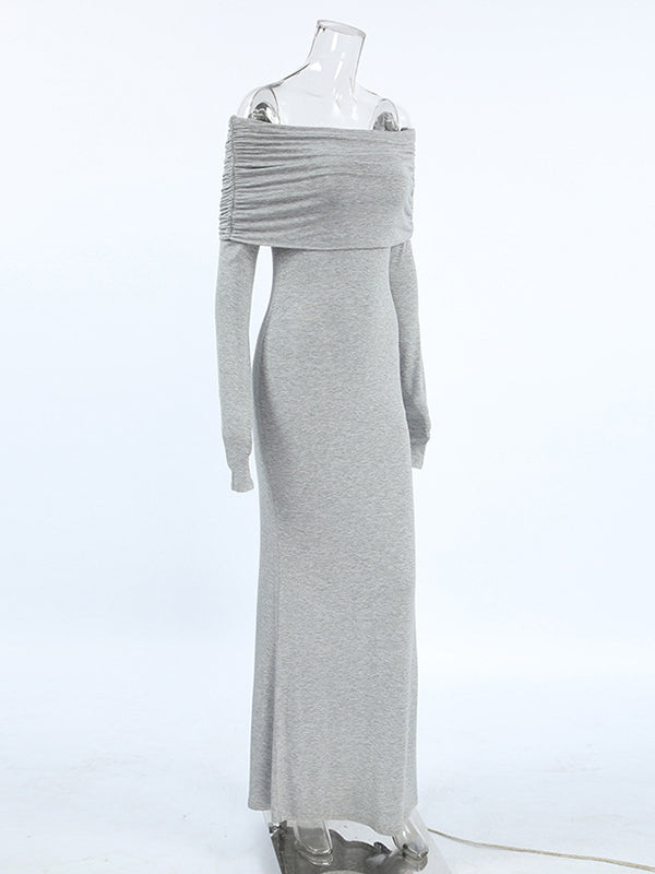 Pleated Solid Color Split-Joint Long Sleeves Skinny Off-the-shoulder Maxi Dresses Evening Dresses