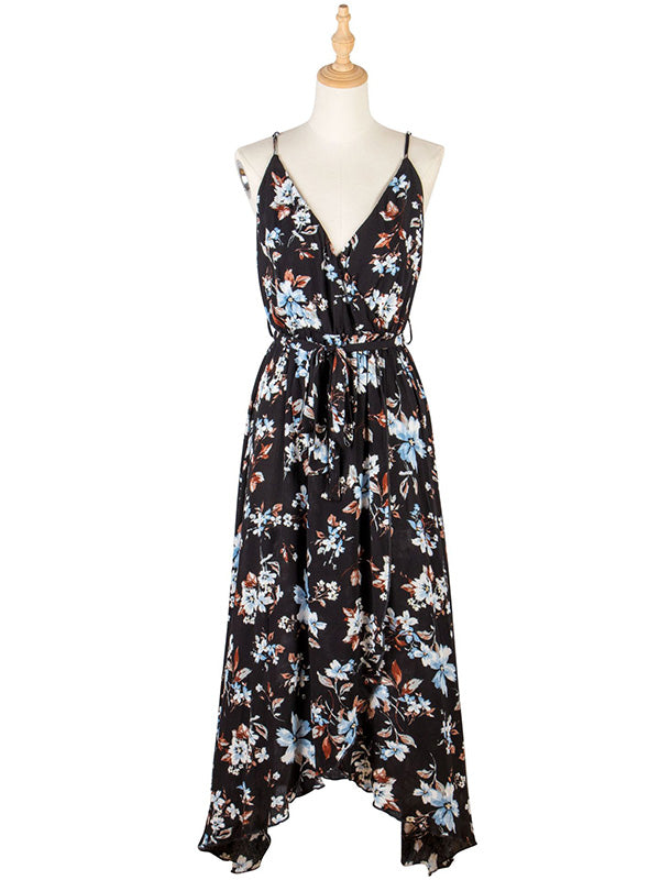 Vacation Sleeveless Floral Printed Backless V-Neck Dress
