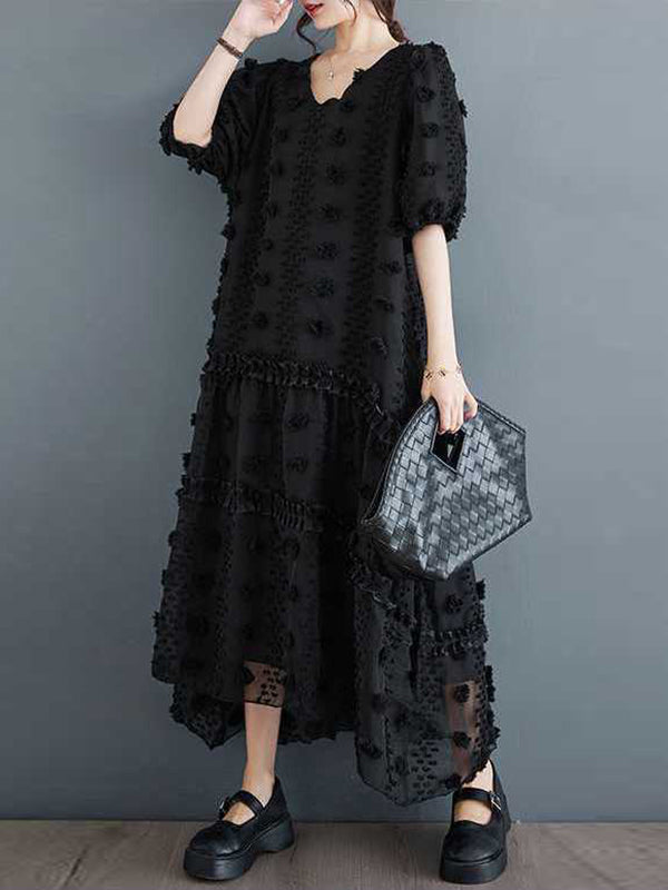 Elasticity Jacquard Solid Color Split-Joint A-Line Half Sleeves V-Neck Midi Dresses