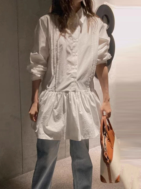 Buttoned Pleated Solid Color A-Line Long Sleeves Lapel Shirt Dress Mini Dresses