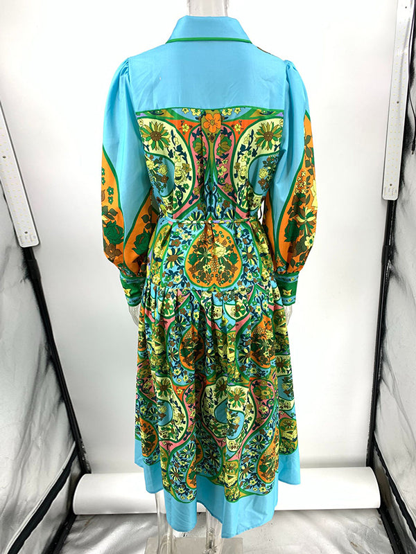 Belted Floral Printed High Waisted Loose Lapel Midi Dresses