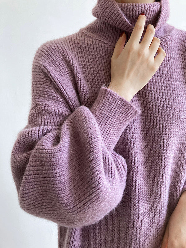 Urban Loose Puff Sleeves Solid Color High-Neck Sweater Dresses