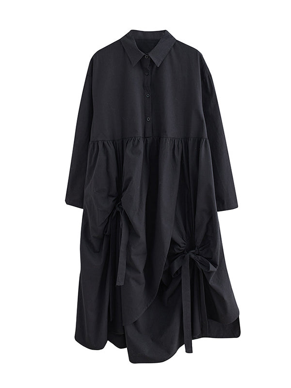 Buttoned Pleated Pockets Solid Color Tied A-Line Long Sleeves Lapel Shirt Dress Midi Dresses