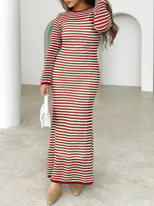 Contrast Color Striped Tied High Waisted Long Sleeves Round-Neck Sweater Dresses Midi Dresses