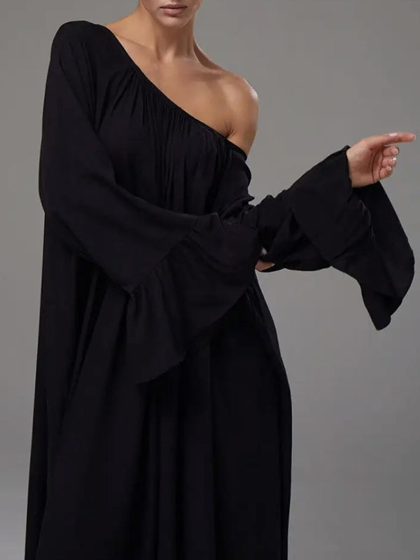 Pleated Solid Color Split-Joint Flared Sleeves Loose Round-Neck Maxi Dresses