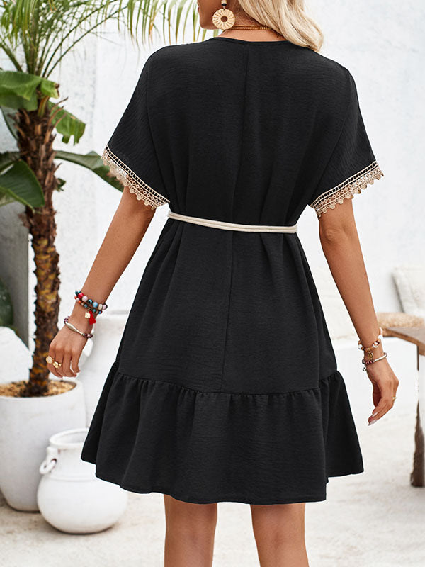 Belted Split-Joint Short Sleeves V-neck Mini Dresses