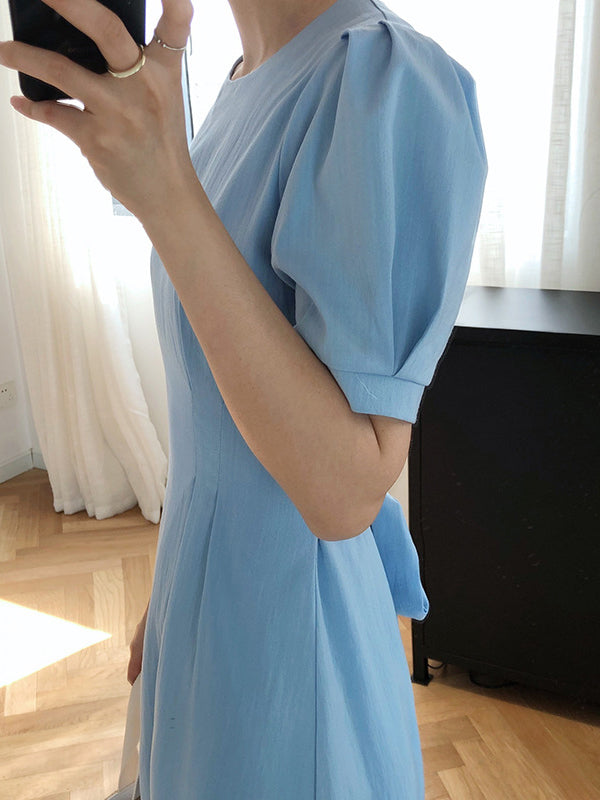 Original Creation Loose Short Sleeves Solid Color Round-Neck Midi Dresses