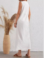 Asymmetric Buttoned Split-front Split-Joint Loose Sleeveless Round-neck Midi Dresses
