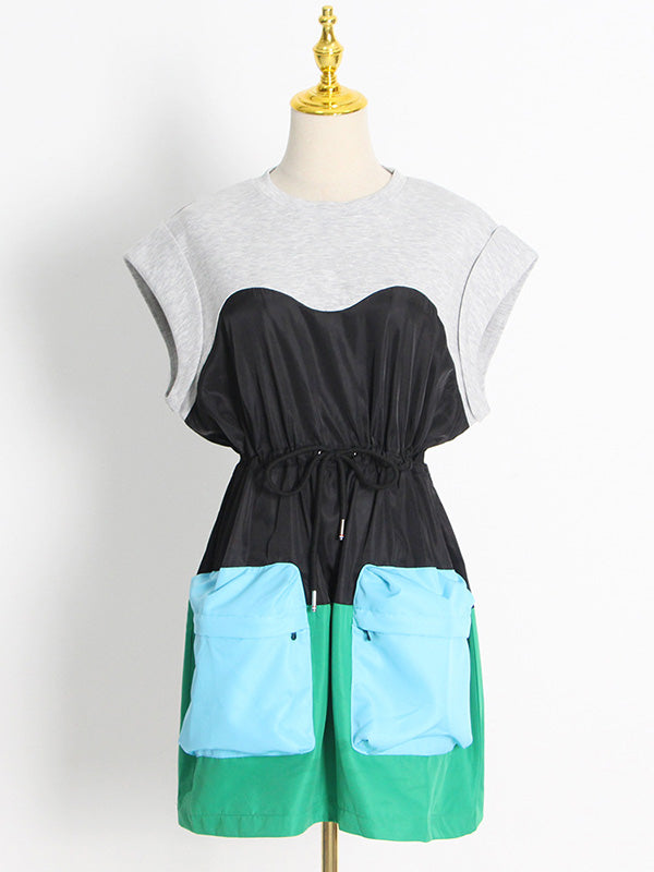 Stylish Selection Short Sleeves Loose Drawstring Split-Joint Round-Neck Mini Dresses