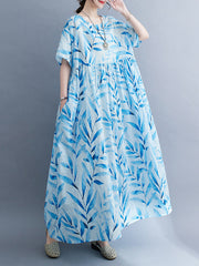 Leaf Pleated Printed Split-Joint Loose Short Sleeves Round-Neck Midi Dresses