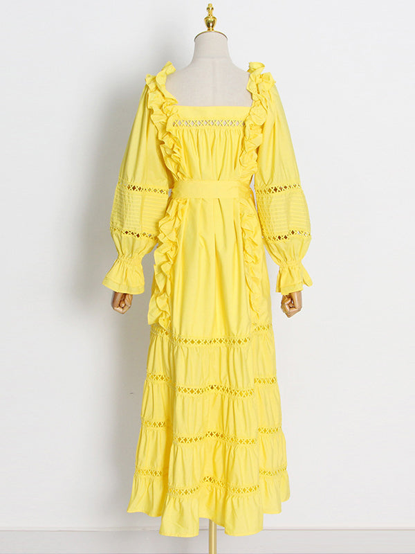 Bohemia Long Sleeves Loose Solid Color U-Neck Maxi Dress