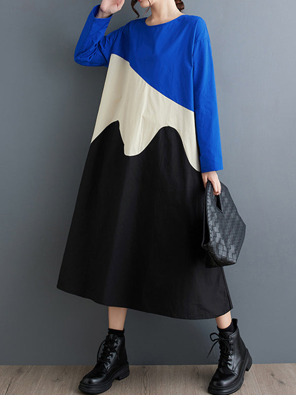 Asymmetric Contrast Color Split-Joint A-Line Long Sleeves Round-Neck Midi Dresses