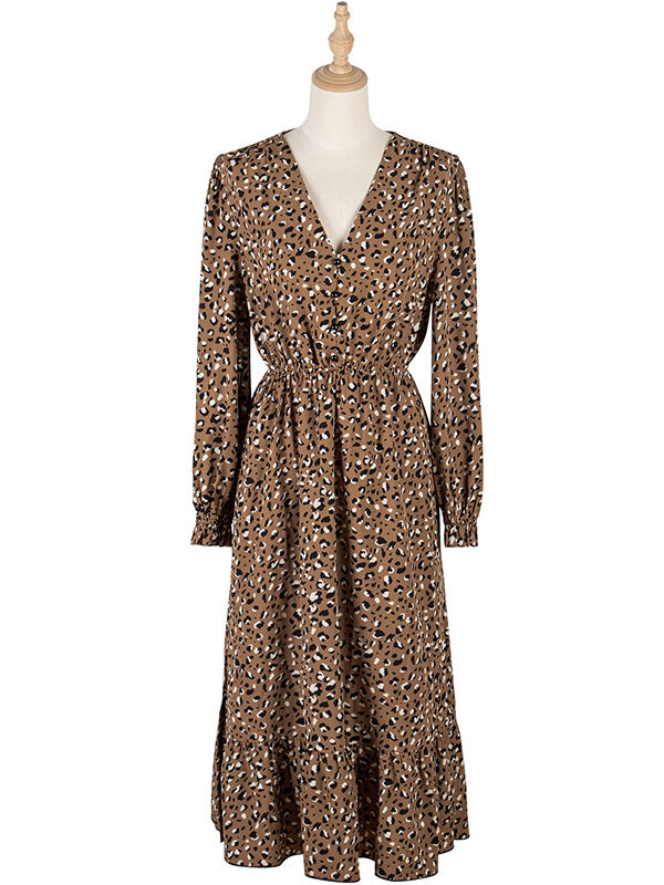 Vacation Puff Sleeves Floral Printed V-Neck Dress