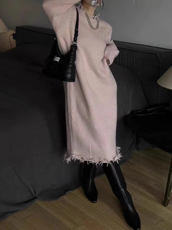 Fringed Solid Color High Waisted Long Sleeves Round-Neck Sweater Dresses Midi Dresses