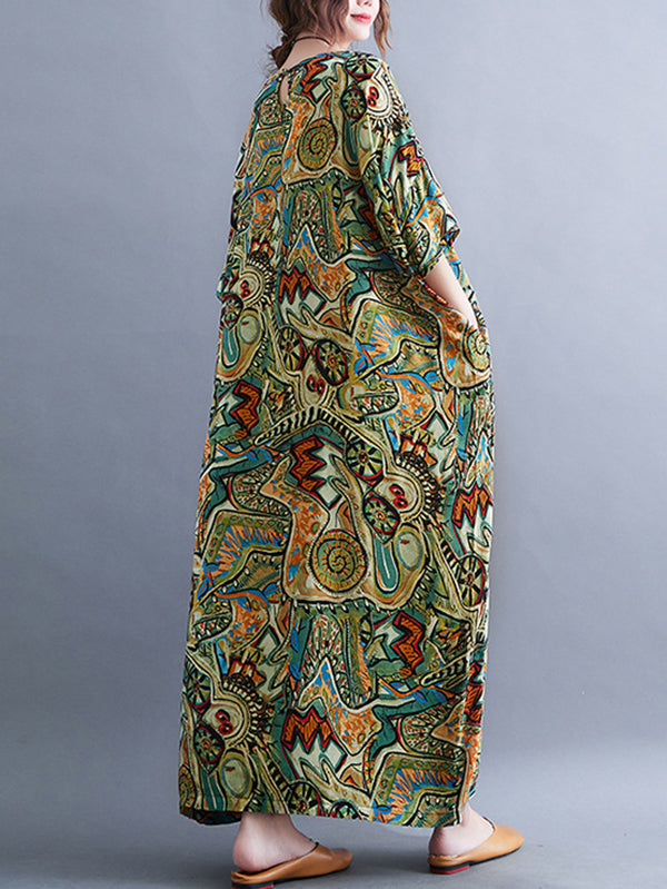 Original Artistic Retro Loose Printed Contrast Color Midi Dress