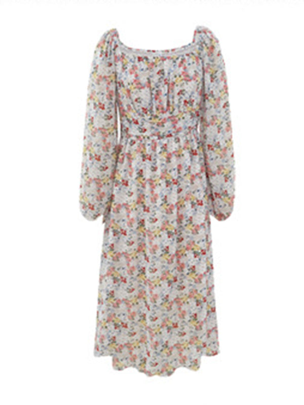 Vacation Loose Long Sleeves Floral Printed U-Neck Midi Dress