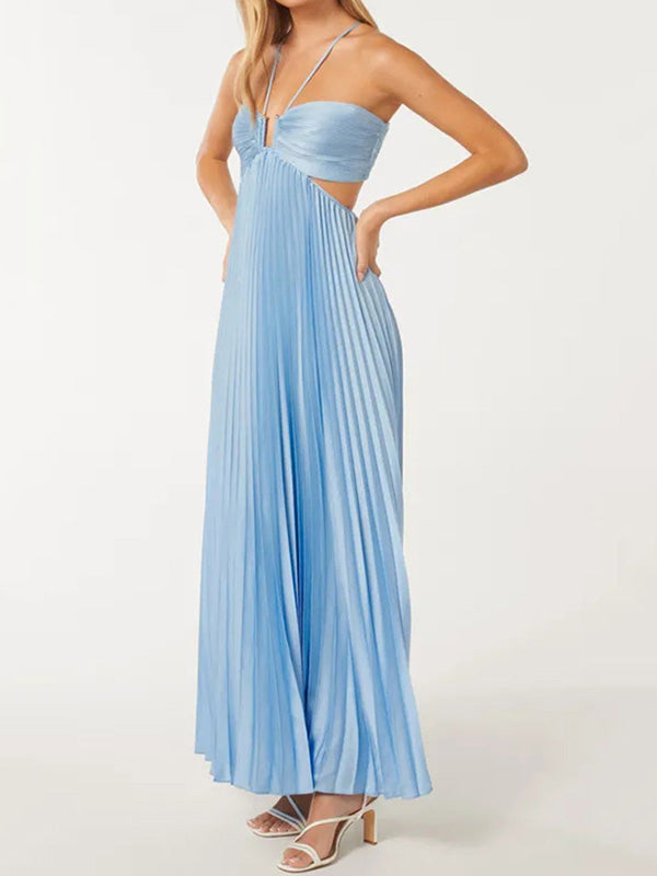 Solid Color Pleated Bandage Spaghetti-Neck Elegant Satin Maxi Dresses