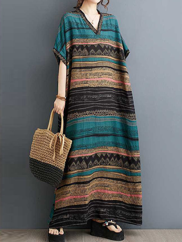 Split-Joint Striped A-Line Batwing Sleeves V-Neck Maxi Dresses