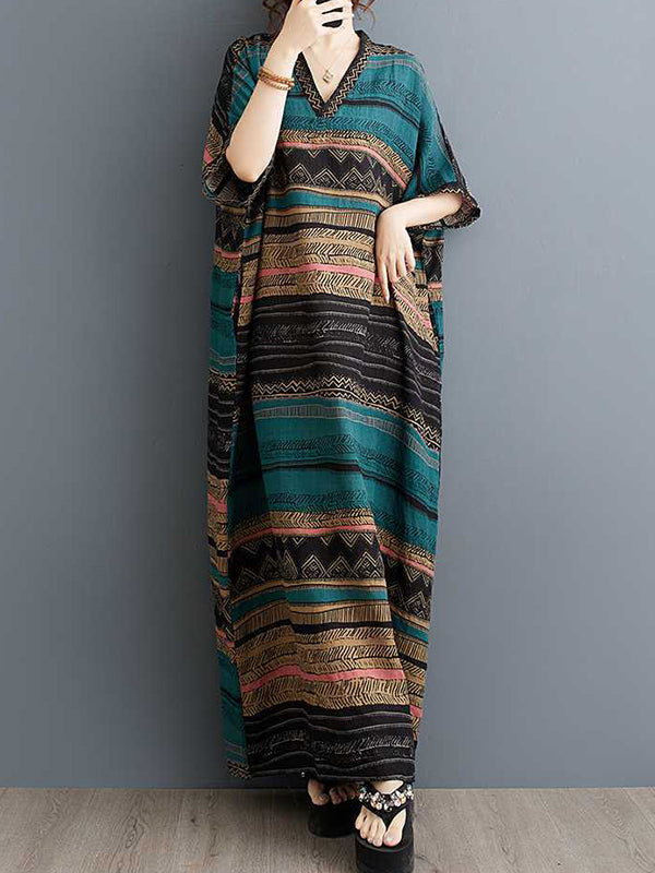 Split-Joint Striped A-Line Batwing Sleeves V-Neck Maxi Dresses