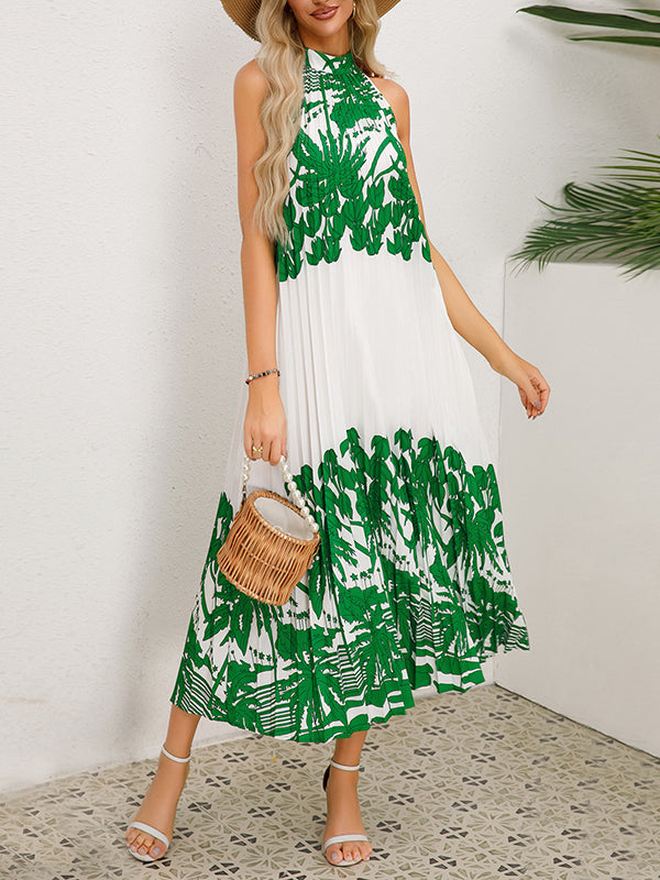 Hollow Pleated Printed Tied A-Line Loose Mock Neck Midi Dresses