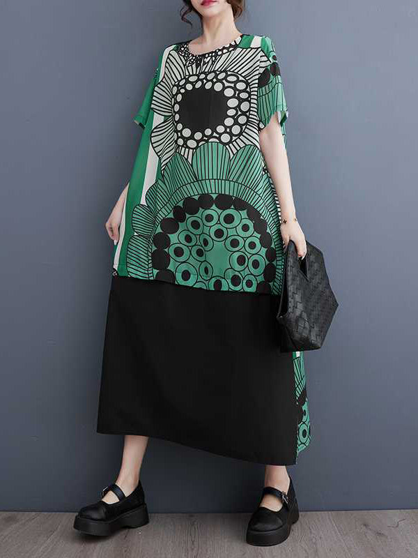 Flower Print Pockets Split-Joint A-Line Loose Round-Neck Midi Dresses