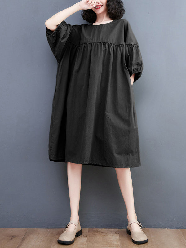 Solid Color Loose Short Sleeves Round-neck Midi Dresses