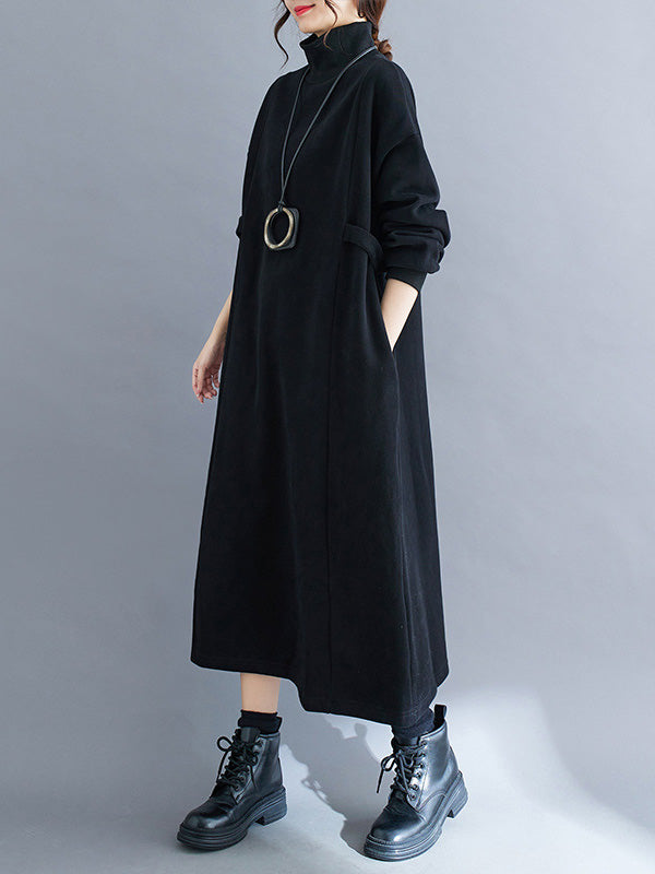 Solid Color A-Line Long Sleeves Mock Neck Midi Dresses