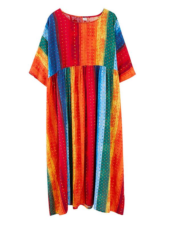 Striped Printed Loose A-Line Round-Neck Dress
