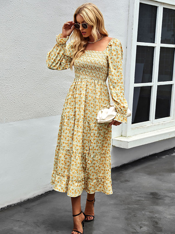 Bohemia Long Sleeves Floral Printed U-Neck Dress