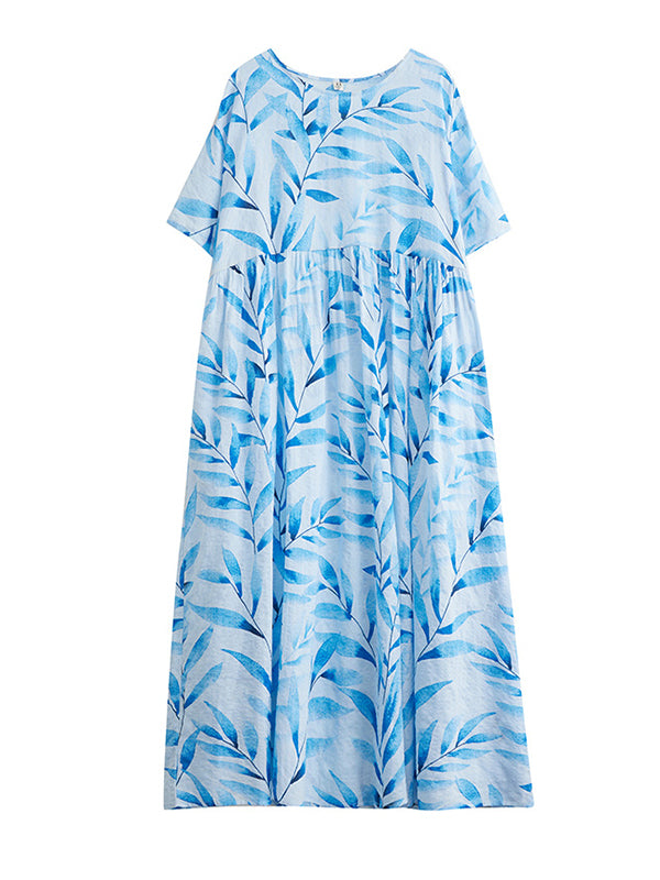 Leaf Pleated Printed Split-Joint Loose Short Sleeves Round-Neck Midi Dresses