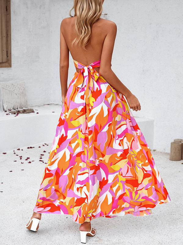 Backless Elasticity Pleated Printed Split-Side Tied High Waisted Sleeveless Halter-Neck Maxi Dresses