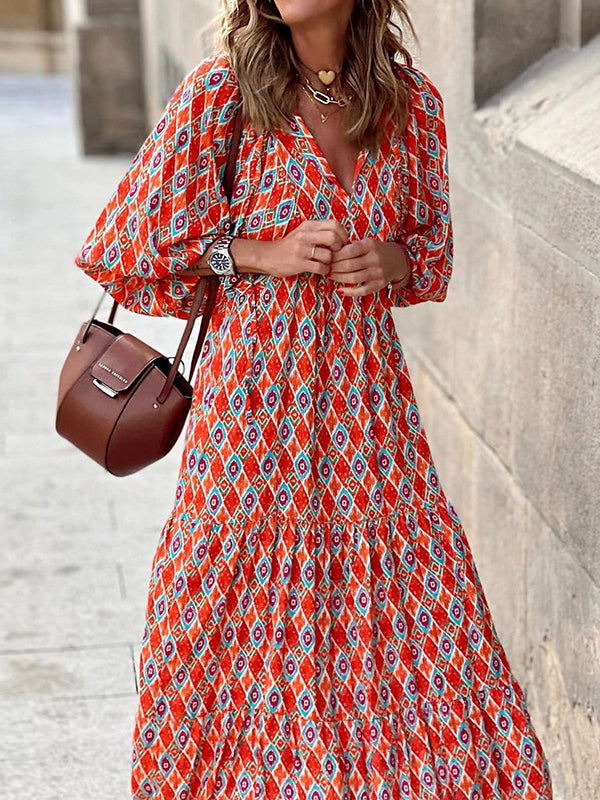 Bohemia Puff Sleeves Plaid V-Neck Dress