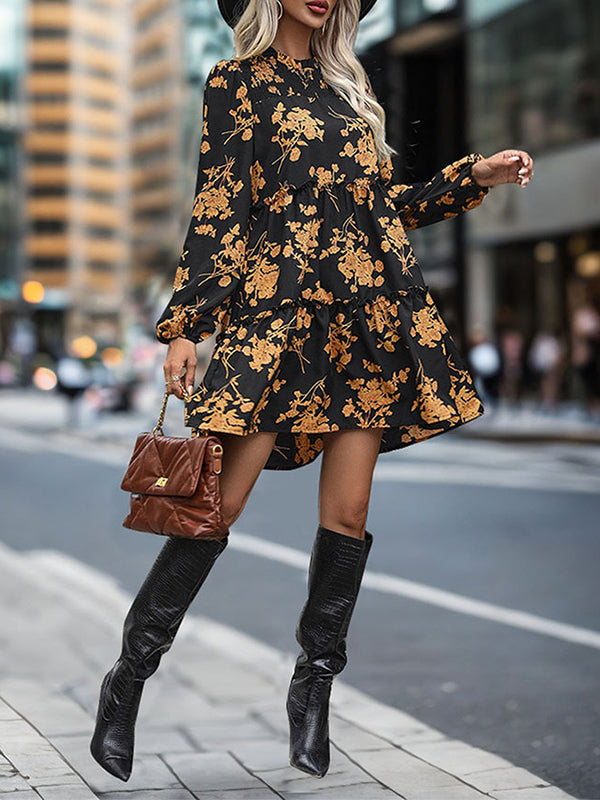 Elasticity Flower Print Split-Joint A-Line High Waisted Round-Neck Mini Dresses