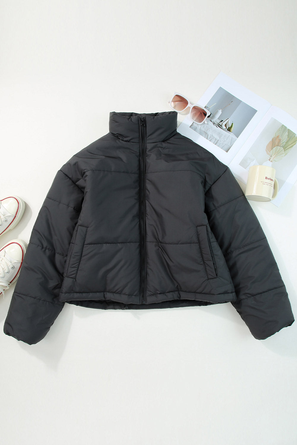 Zip Up Drawstring  Puffer Coat