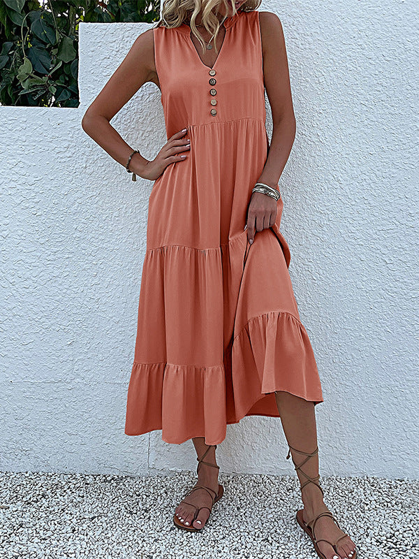 Pleated Split-Joint Loose Sleeveless V-Neck Midi Dresses