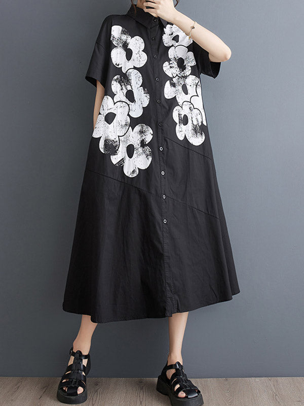 Asymmetric Buttoned Flower Print A-Line Loose Lapel Shirt Dress Midi Dresses