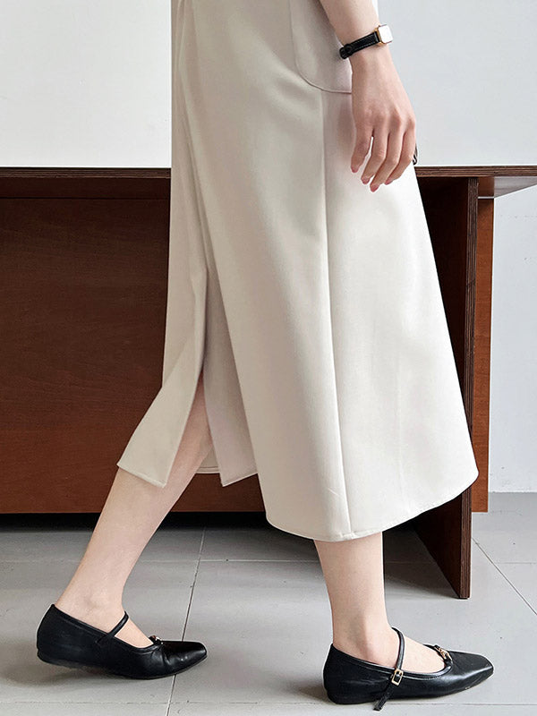 Pockets Solid Color Split-Back Zipper High Waisted Loose Round-Neck Midi Dresses