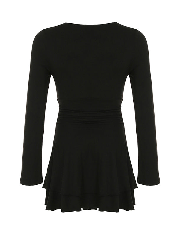 Deep V Long Sleeve Mini Dress In Black