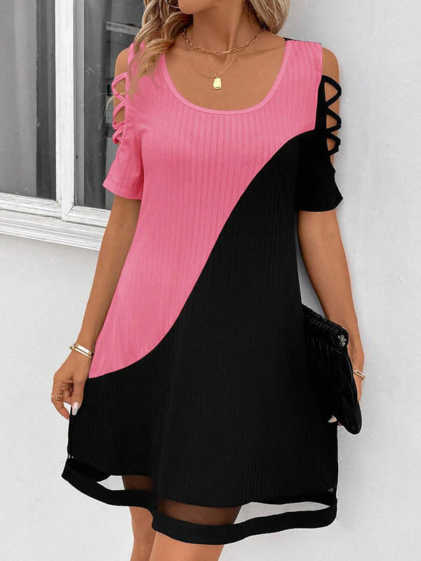 Contrast Color Hollow Mesh Split-Joint A-Line Loose Cold Shoulder Mini Dresses