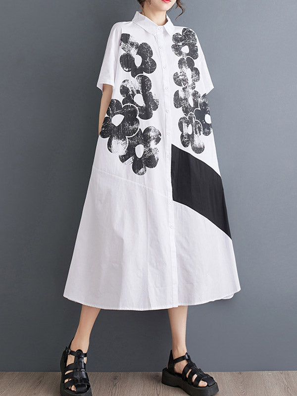 Asymmetric Buttoned Flower Print A-Line Loose Lapel Shirt Dress Midi Dresses