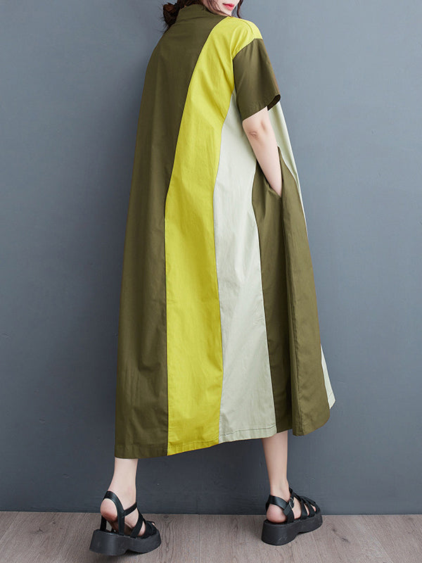 Multi-Colored Loose Short Sleeves Polo Midi Dresses