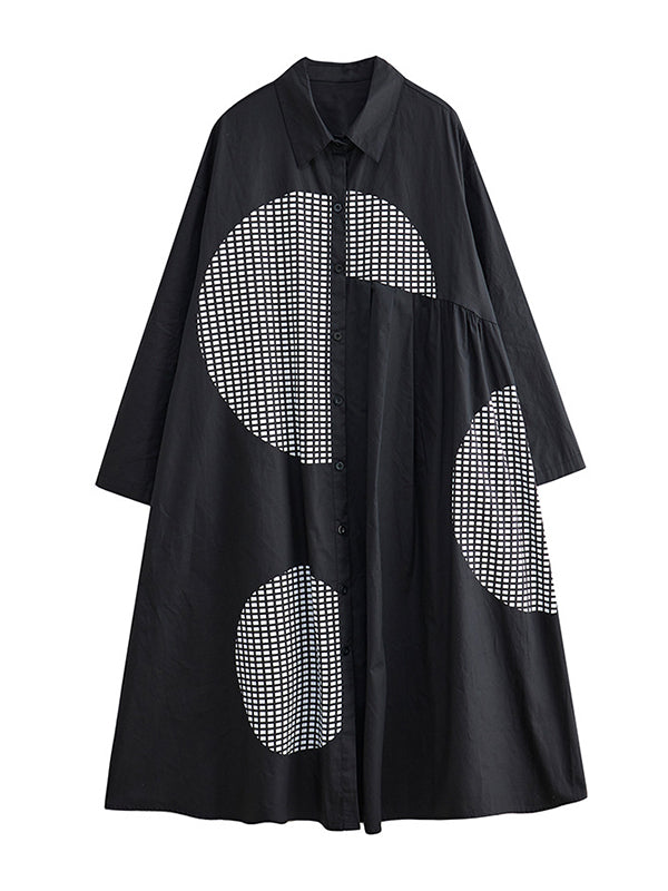 Vintage Loose Long Sleeves Buttoned Printed Polka-Dot Lapel Collar Midi Dresses