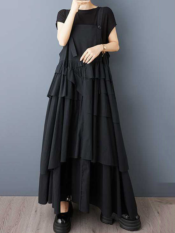 Asymmetric Buttoned Pleated A-Line Loose Spaghetti-Neck Suspender Dress Maxi Dresses
