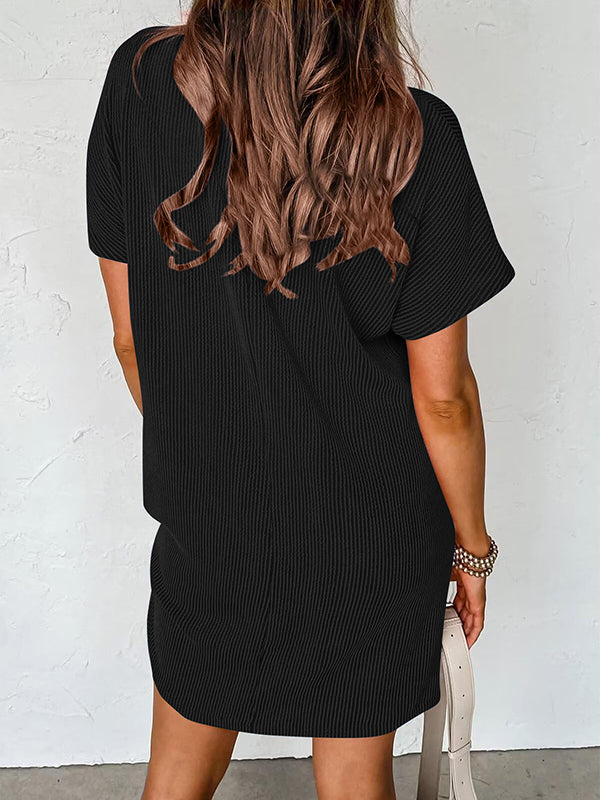 Contrast Color Pockets Split-Joint Striped A-Line Loose Round-Neck Mini Dresses