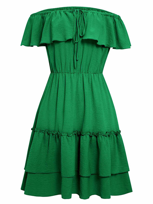 Vacation A-Line Loose Solid Color One-Shoulder Mini Dress