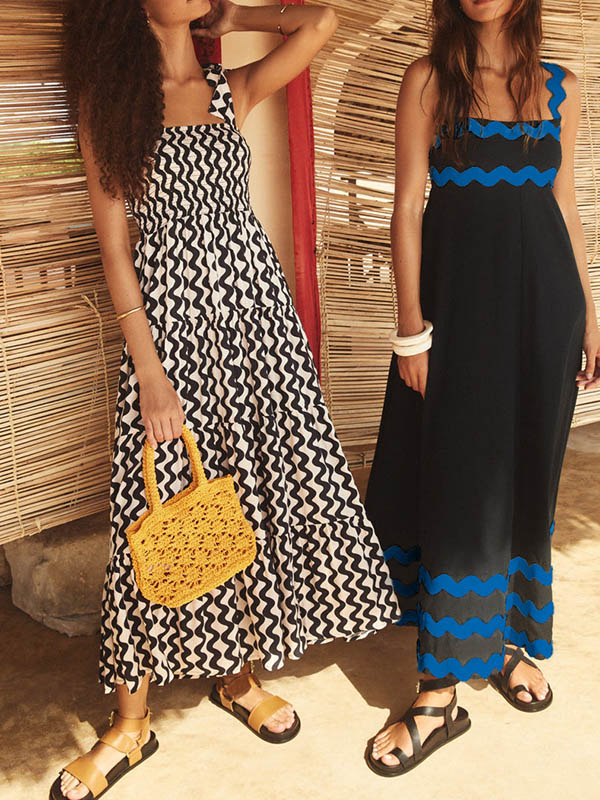 Contrast Color Zipper A-Line High Waisted Square-Neck Midi Dresses