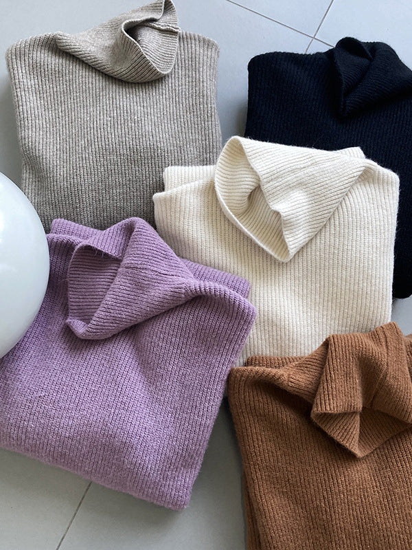 Urban Loose Puff Sleeves Solid Color High-Neck Sweater Dresses
